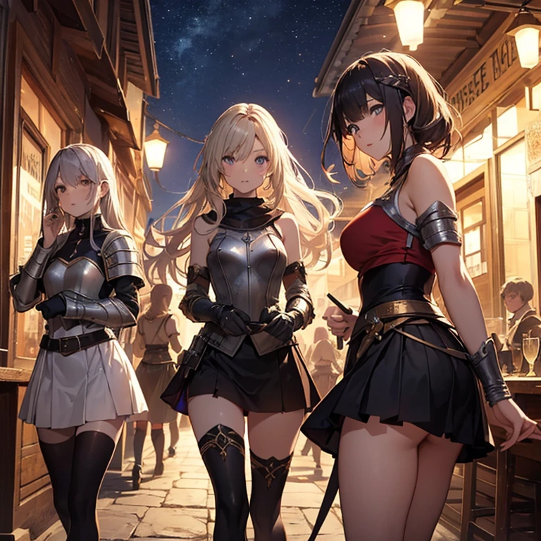 A group of female medieval fantasy adventurers, (in tavern), various hair styles, harem, night, details face, short skirt, seducing, sleeveless, armor