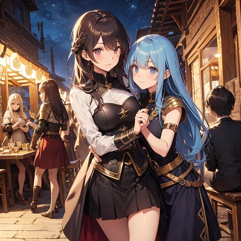 A group of female medieval fantasy adventurers, (in tavern), various hair styles, harem, night, details face, short skirt, seducing, sleeveless, armor