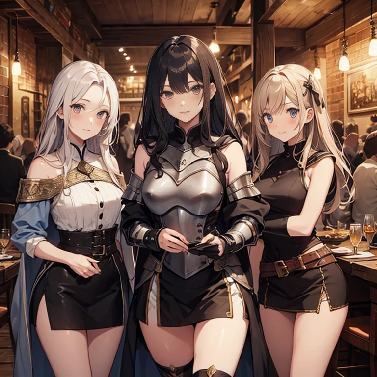 A group of female medieval fantasy adventurers, (in tavern), various hair styles, harem, night, details face, short skirt, seducing, sleeveless, armor