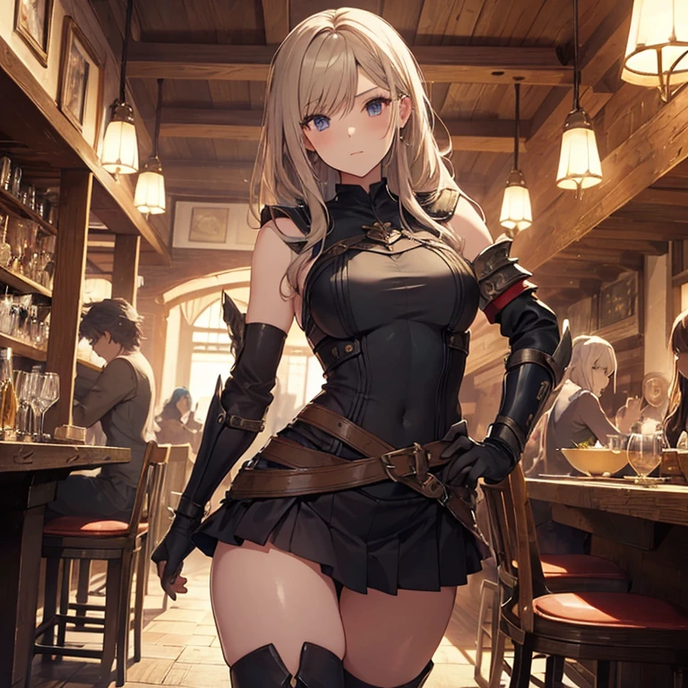 A group of female medieval fantasy adventurers, (in tavern), various hair styles, harem, night, details face, short skirt, seducing, sleeveless, armor