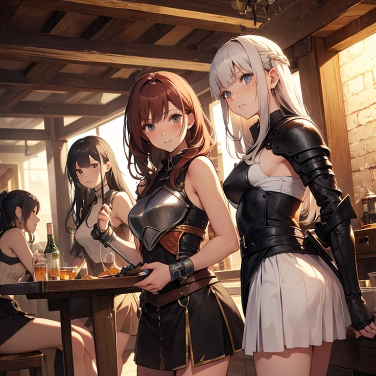 A group of female medieval fantasy adventurers, (in tavern), various hair styles, harem, night, details face, short skirt, seducing, sleeveless, armor