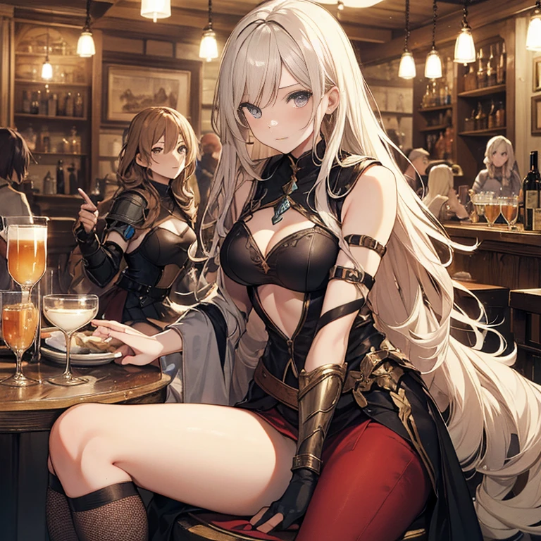 A group of female medieval fantasy adventurers, (in tavern), various hair styles, harem, night, details face, short skirt, seducing, sleeveless, armor