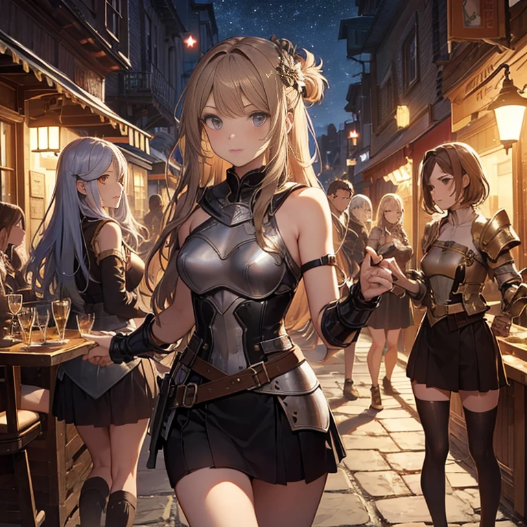 A group of female medieval fantasy adventurers, (in tavern), various hair styles, harem, night, details face, short skirt, seducing, sleeveless, armor