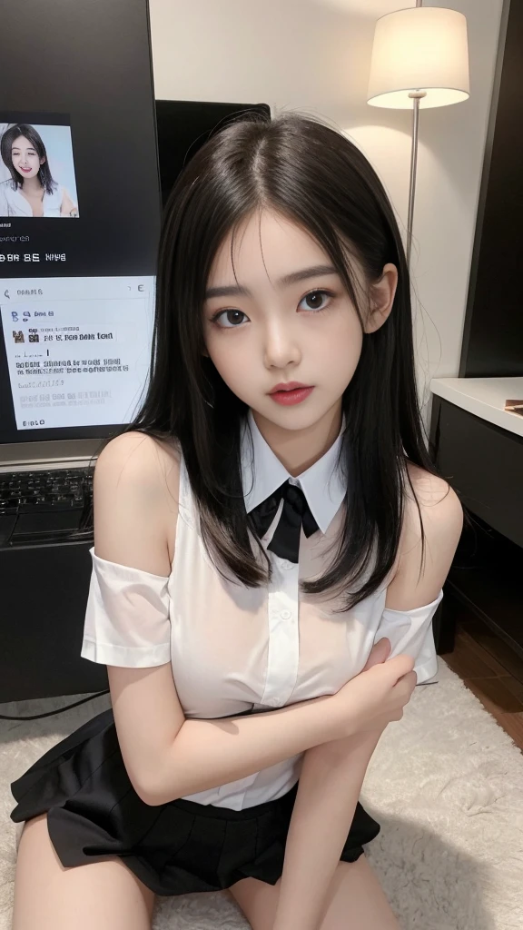 (high quality), (NSFW:1.2), Split screen vertically, 1 girl and 1 man are dating online by exchanging own photos and messages using a smartphone chatting app, 18 years old, korean, long distance relationship, The text is written in English., they weared korean high school uniforms, whole body, Focus your eyes on your phone screen and be happy, Upload sexy photos of yourself to an online community using a smartphone app., Men are crazy about her posts online, just like cartoon cuts., They're sending her messages asking to chat, She is amused by their reactions, light dyed hair, hair swept to one side, agers dressed poorly, light makeup, slim figure, (girl weared thin and natural pantyhose : 1.9), (girl weared slim high_school uniform_pencil skirt and blouse : 1.6),(elder man weared high school uniform_shirts and pants:1.5), (they weared school uniform_blazer and tie), Men communicating with female students with developed secondary sexual characteristics