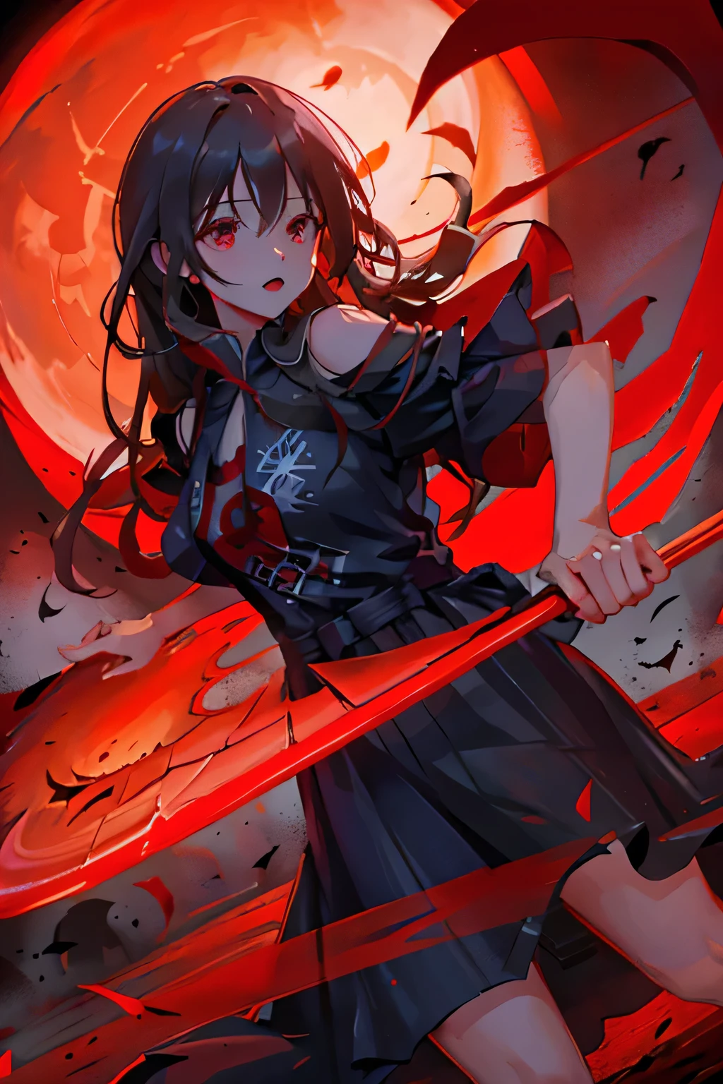 Dark dress,,Long Hair,Revealing dresses,In the city,darkness,Red Moon,bat,knife