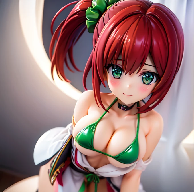 NSFW,highest quality, masterpiece, Highly detailed CG, Official Art , Professional Lighting, sakimiyairuka, Redhead, Green Eyes,(One side up), Medium Hair, Side Ponytail, Green scrunchie, hair ornaments, Shiny skin, smile, (Micro Bikini), Camel Toe, between legs, collar, Wet,