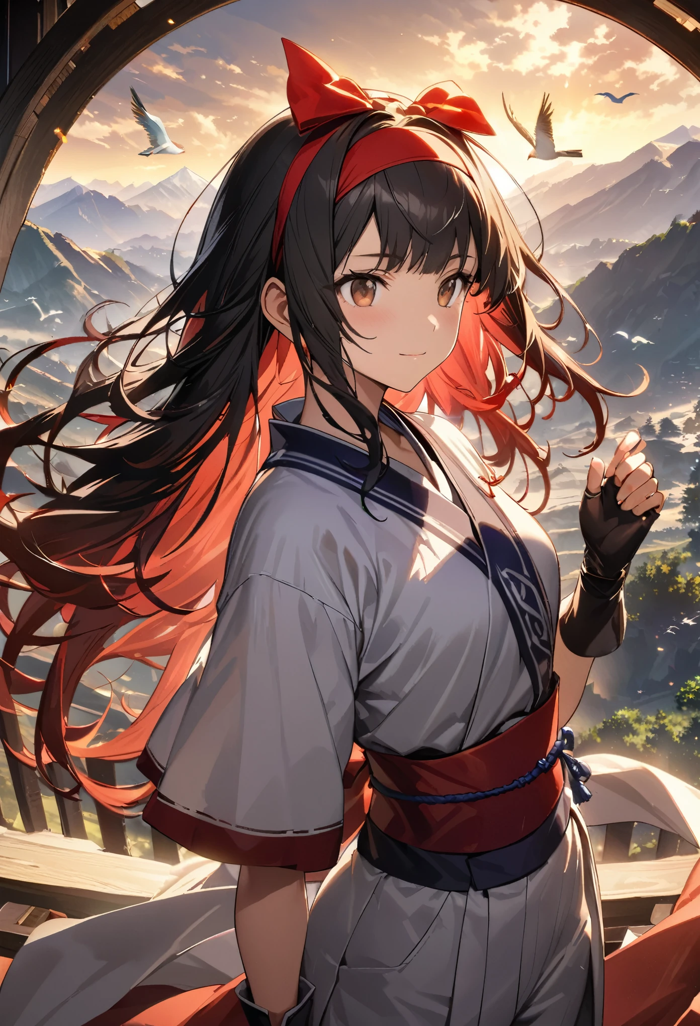 masterpiece, highest quality,One girl, red bow, bow, Long Hair, hair bow, Ainu clothing, alone, hair band, bird, Black Hair, fingerless gloves, Short sleeve, gloves, sash, pants, bangs, red hair band, arms, chest, Brown eyes, white pants, kimono, Confused, A light smile, Official Art, Good composition, Official pose, detailed Portraiture, Portraiture, Bokeh, Clouds and mountains background, warrior, Onmyoji Style, High resolution, Dramatic lighting and shadows, Solar flare, Blurred foreground