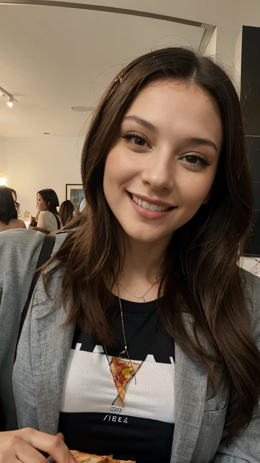 La mona lisa de cuerpo completo con ropa moderna e influencer comiendo pizza con una gran sonrisa