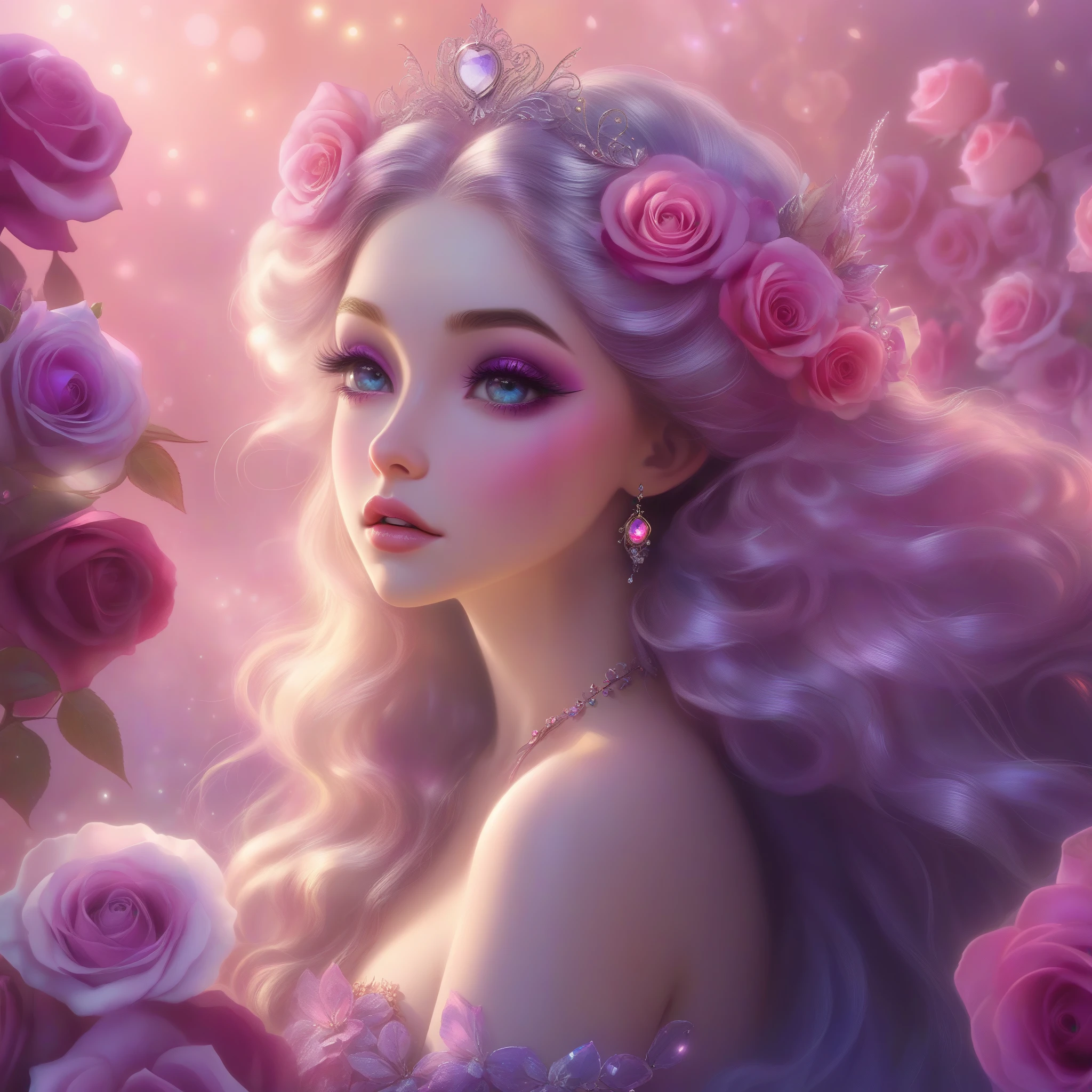 (This is a beautiful, soft, ethereal, and (romantic) fantasy image with a persistent pink aura, fairytale fantasy elements, and a lovely color palette.) Generate a beautiful  fairy woman with beautiful puffy lips and beautiful detailed eyes. Her glossy curled hair is realistically detailed and her (ringed eyes) are interesting and colorful. Surround her with eternal roses in shimmering shades of pink and purple. Ensure perfection in her face, hair, and eyes. Include luminous flowers and detailed roses. Utilize dynamic composition and dramatic lighting and cinematic lighting to create an interesting fantasy image. The background of the image is interesting and ultra-detailed, with soft fantasy lighting and gradients. English rose, princess, sweet, lovely, shimmering, glimmering, glittering, astrological fantasy, (((masterpiece))), (highest quality), beautiful eyes, perfect puffy lips, jewel tones, luminosity. 