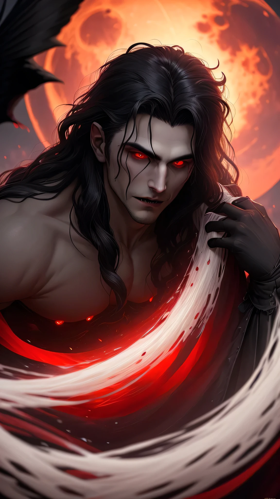 A hauntingly charming vampire, his visage etched with an aura of dark elegance, initiates a chilling embrace as he sinks his fangs into a terrified man. The man, with his raven-black hair cascading down in thick, luscious waves, wriths in agony beneath the vampire's hypnotic gaze.
In the background, the full red moon casts its somber glow across the night sky–its surface a dramatic intersection of swirling wisps of blood-red and obsidian black, as if painted delicately in crimson hues.
This cinematic scene unfolds in exquisite detail, rendered with extraordinary