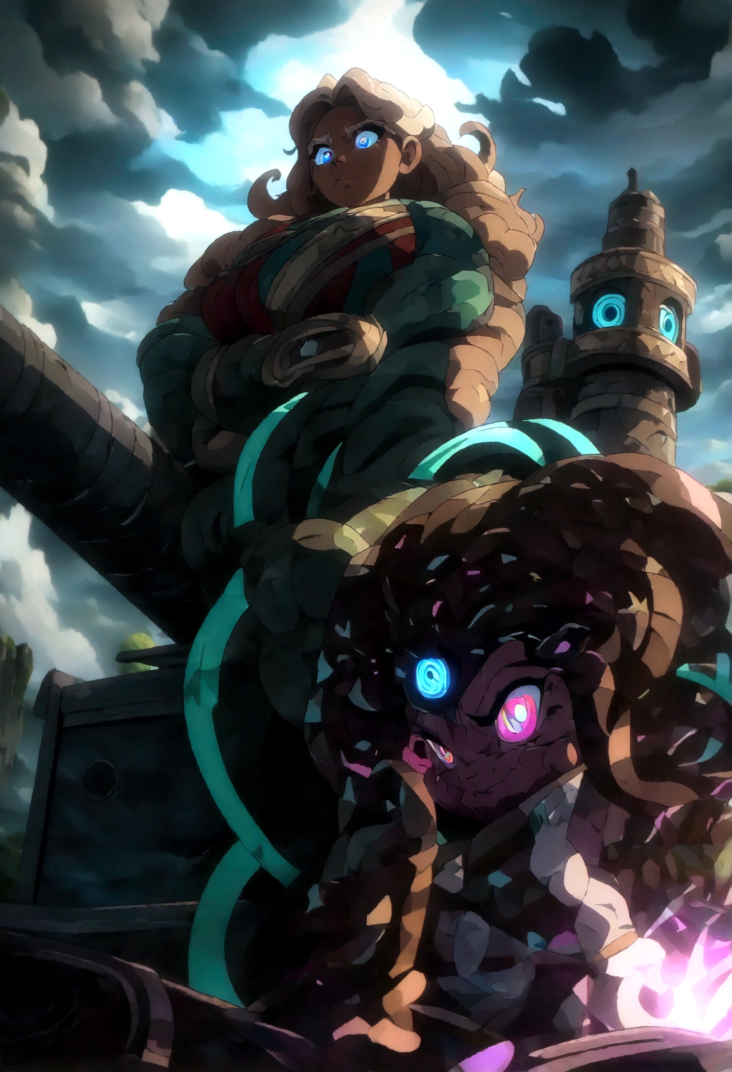 A adult muscular black woman leaning on a cannon, anime style, (best quality,4k,8k,highres,masterpiece:1.2),ultra-detailed,beautiful detailed eyes,extremely detailed eyes and face,longeyelashes,powerful posture,vibrant colors,dramatic lighting