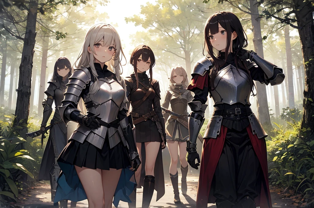 A group of  female knight, (in forest), various hair styles, harem, wearing armored clothes, metal armor, night, details face, , short skirt, seducing, sword 