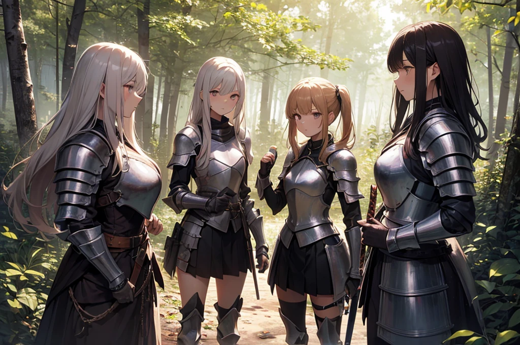 A group of female knight, (in forest), various hair styles, harem, wearing armored clothes, metal armor, night, details face, , short skirt, seducing, sword