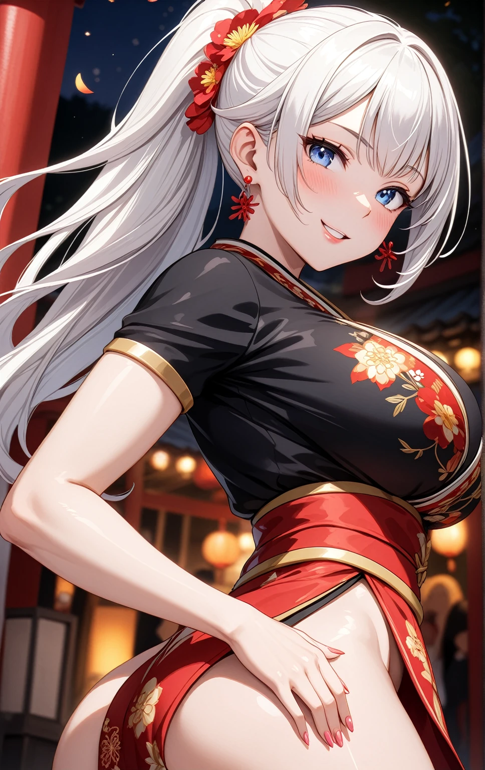 ((one personの女性)), Beautiful Face,Laugh shyly,((Wink:1.7)),Laughing with your mouth open,turn bright red,Glossy pink lips,night,Shrine festival stalls,((Anime style background)),masterpiece, highest quality, so beautiful, up to date, Complex details, (Pink long nails),AI-generated, Complex,High resolution, highest quality, super high quality,3D Images、View your audience、3D Images,one person,Long white hair,High Ponytail,blue eyes,Anime woman posing for a photo, [[Fine grain、Colorful eyes、Shining Eyes:1.15]],(Squint your eyes:1.1),a hyperRealistic , hyperRealistic , Realistic,Long haired white haired anime woman, Smooth anime CG art, A woman in a colorful kimono with gold embroidery, (Black kimono),Red floral pattern,Long flower hair ornament,Big earrings,(:1.1),Mature BodyBig Ass,Fine details,ht waist,Abdominal muscles,(Face close-up:1.5),Tilt your face,Shooting from an angle