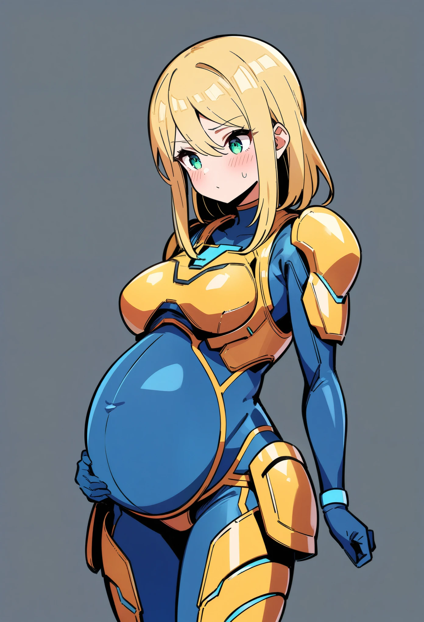 (best quality),1girl,solo,Samus aran,yellow thigh armor,((blue bodysuit)),Pregnant Woman,green eyes,blush,line art style style,cowboy shot,simple background,Science fiction,ultra-detailed,sharp focus,aesthetic