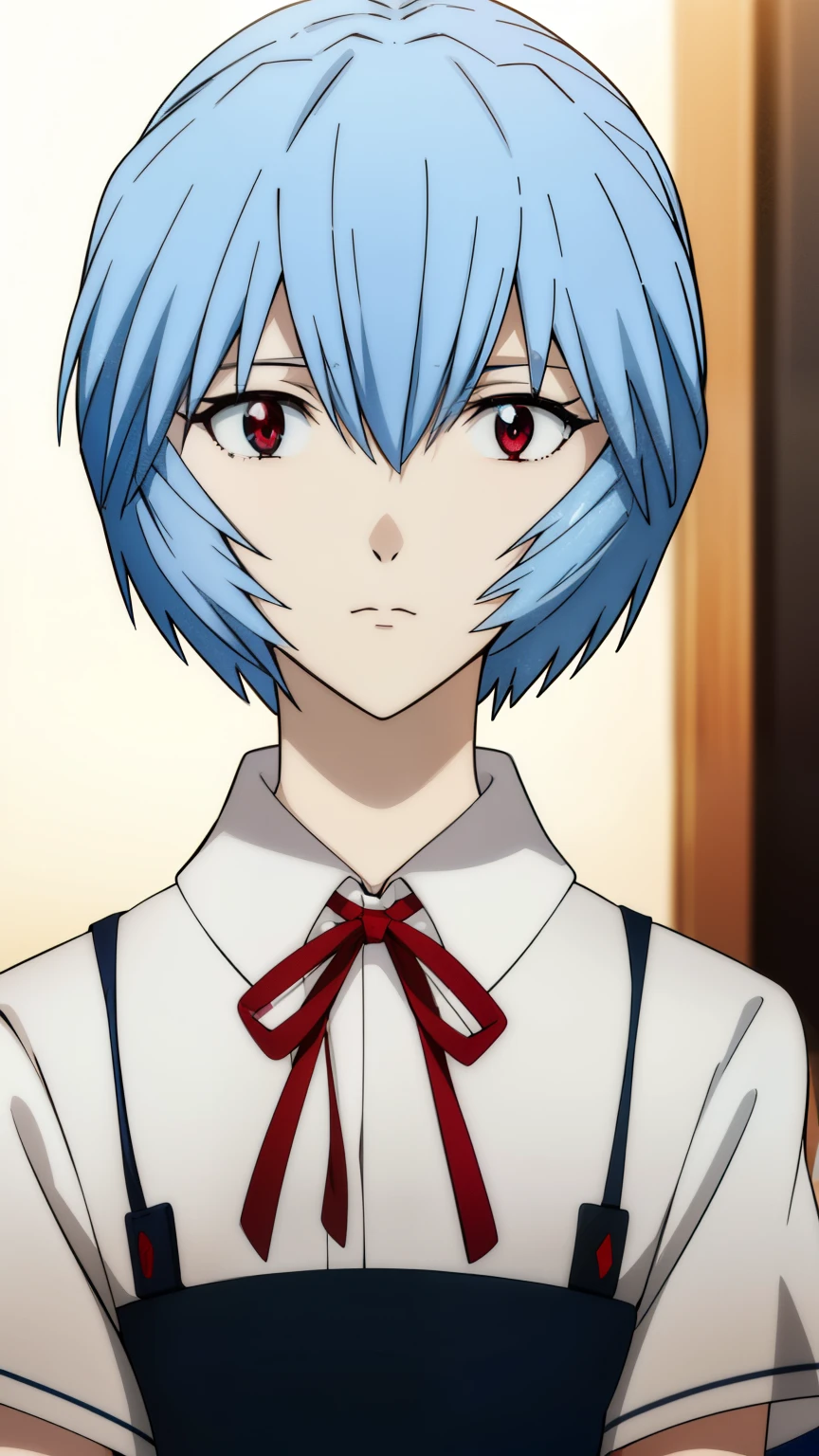 reiayanami, rei ayanami, (ayanami rei:1.2), blue hair, short hair, (red eyes:1.2),
BREAK skirt, shirt, ribbon, (school uniform:1.5), white (skirt, shirt, ribbon, uniform, white shirt, short sleeves, red ribbon, neck ribbon, (Tokyo Sanchu uniform:1.5)), 
BREAK (masterpiece:1.2), best quality, high resolution, unity 8k wallpaper, (illustration:0.8), (beautiful detailed eyes:1.6), extremely detailed face, perfect lighting, extremely detailed CG, (perfect hands, perfect anatomy),