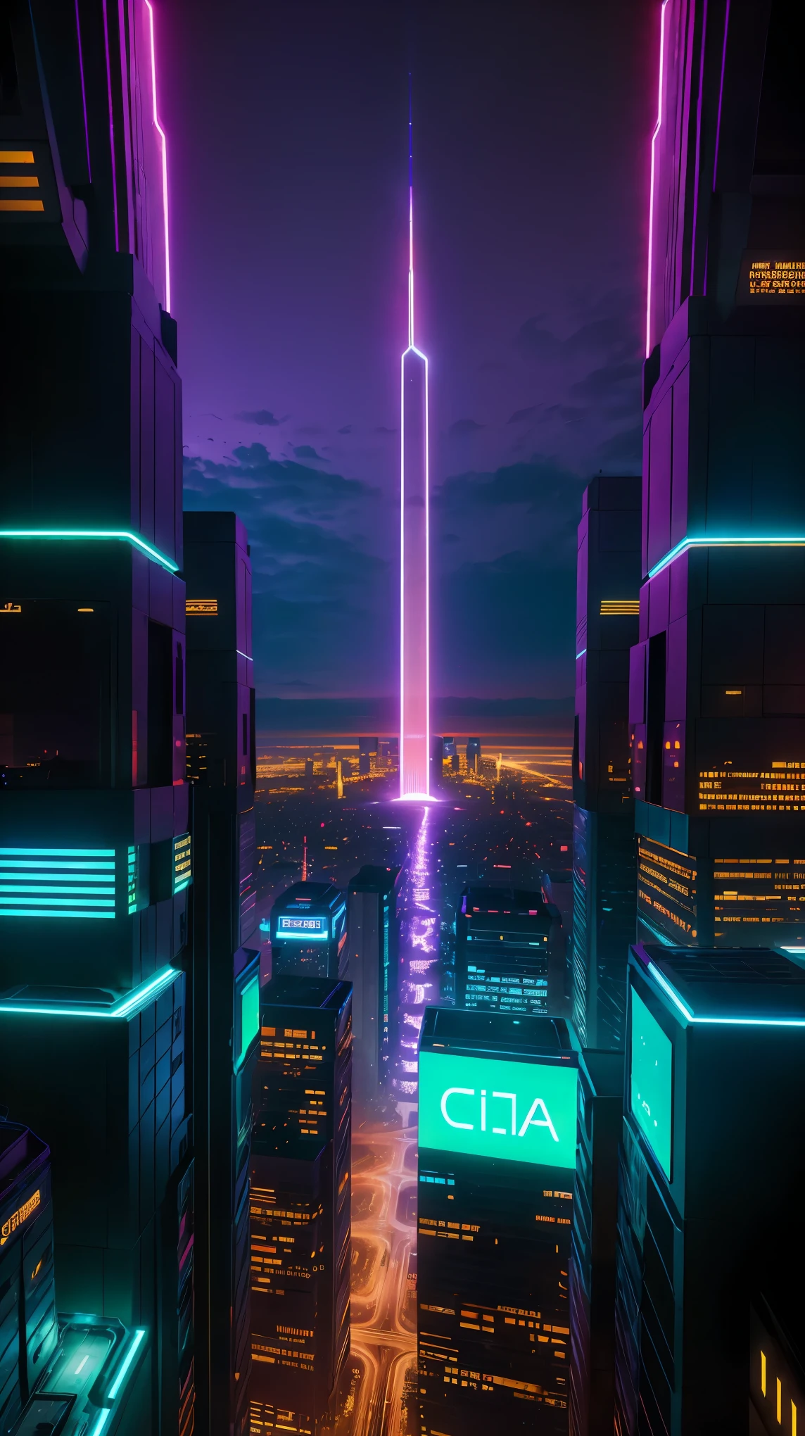 conceito:(((This is an aerial photographic masterpiece of a near-future city, portraying a cyberpunk worldview.)))。 qualidade:(highest quality, 4k, 8K, high resolution, Obra de arte:1.2), Super detalhado, (realista, Photorealista, Photorealista:1.37), lighting:cinematic light, Cores brilhantes e efeitos hipnotizantes em tons de roxo e azul, contrast between darkness and bright light, sombras e destaques, Elementos SF, Subject information:Aerial photo of Cyber City, de cima, skyscraper, arquitetura futurista, glowing neon lights, Amazing skyline, Advanced technology, ((hovering vehicle)), (((A beautiful image of a cybercity drawn from the perspective of de cima:1.3))) Outros detalhes: atmosfera animada, Holographic advertising, cyberpunk aesthetic, tons azulados, some stars shining in the sky, Space background, tecnologias emergentes, densidade urbana, energy and excitement, Metropolis of the future, attractive composition, neon glow, Cores ricas, soft brushstroke technique, textura detalhada, escala impressionante, (((projeto ciberpunk))), Projeto elaborado, escala impressionante, Atmospheric lighting, detalhes cativantes, visuais cativantes, Artistic, 500㎜, f/4, photoshoot,