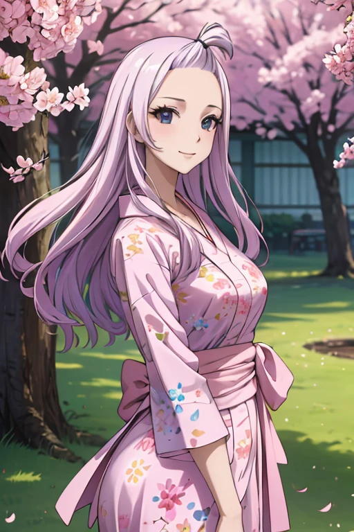 (best quality,4k,8k,highres,masterpiece:1.2),ultra-detailed,realistic,photorealistic:1.37, Mirajane Strauss with a beautiful smile wearing a pink flowery yukata 