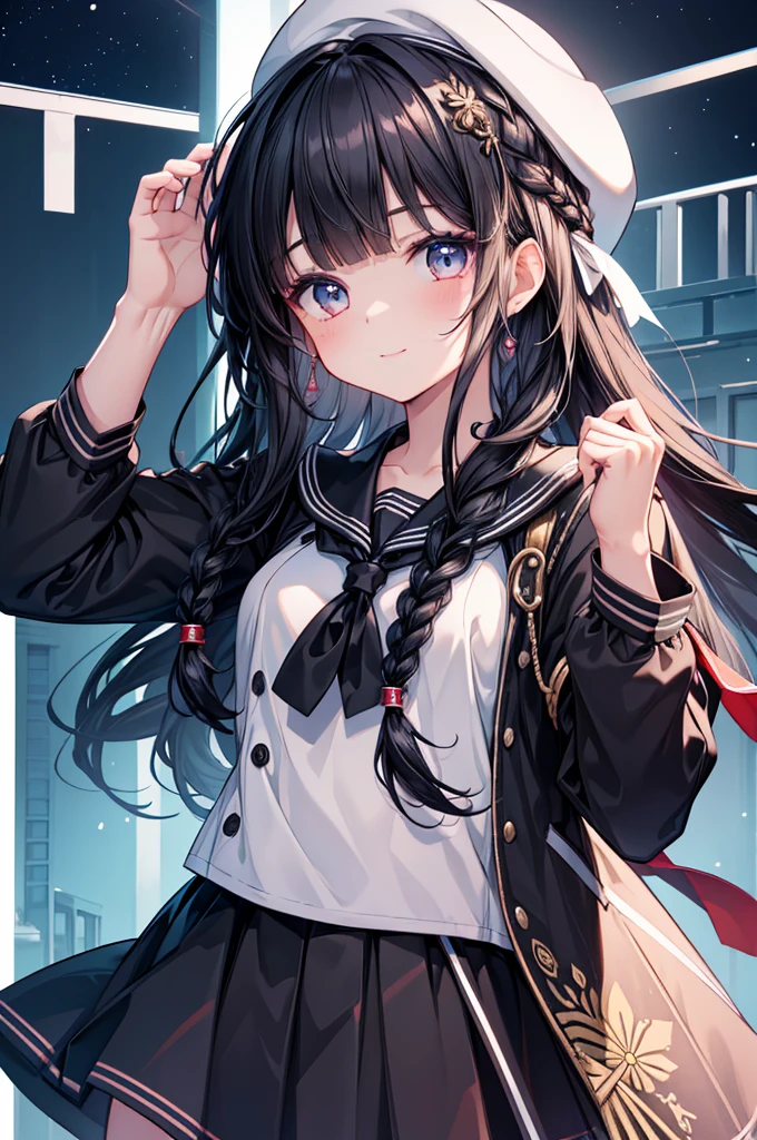 (​masterpiece),(top-quality),(ultra-detailliert),hight resolution,in 8K animation,1girl,black hair,twin braid hair,(round eyes),blunt bangs,(cheerful expression),(beautifull detailed face),(beatiful detailed eyes),black sailor uniform