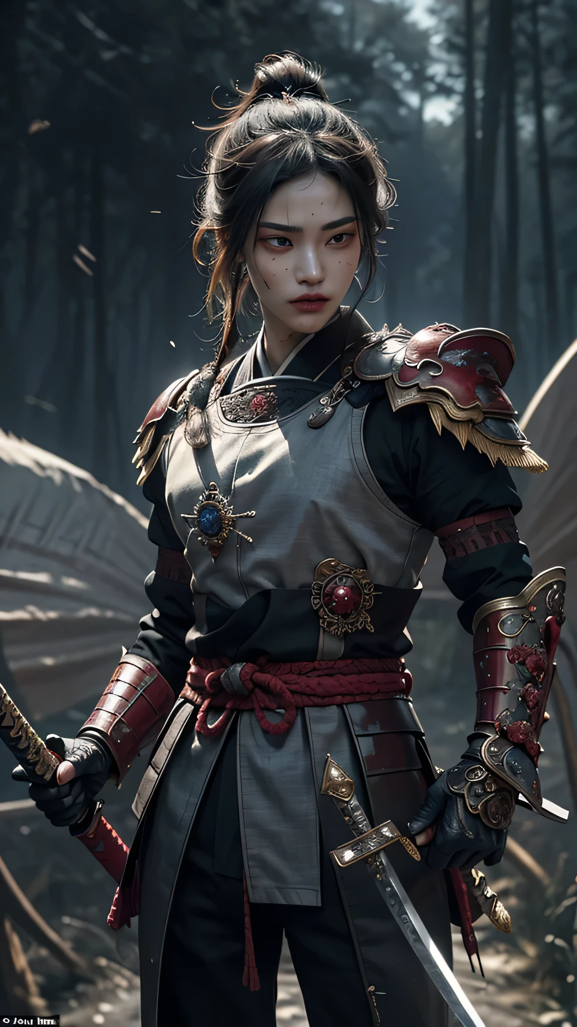 A majestic samurai, adorned with an ornate, bloodied sword, stands resolute in a mesmerizing, fantastical realm illuminated by two ethereal moons. The intricate details of his armor gleam under the refined studio lighting, showcasing a UHD masterpiece of ultra-detailed realism. The photorealistic, HDR imagery captures every scar, every crease, and every curve of his battle-hardened features. His piercing, vivid eyes and full, sensual lips are framed by long, dramatic lashes, beyond comparison. A moody atmosphere envelops the scene, casting a vibrant, dark fantasy over the entire