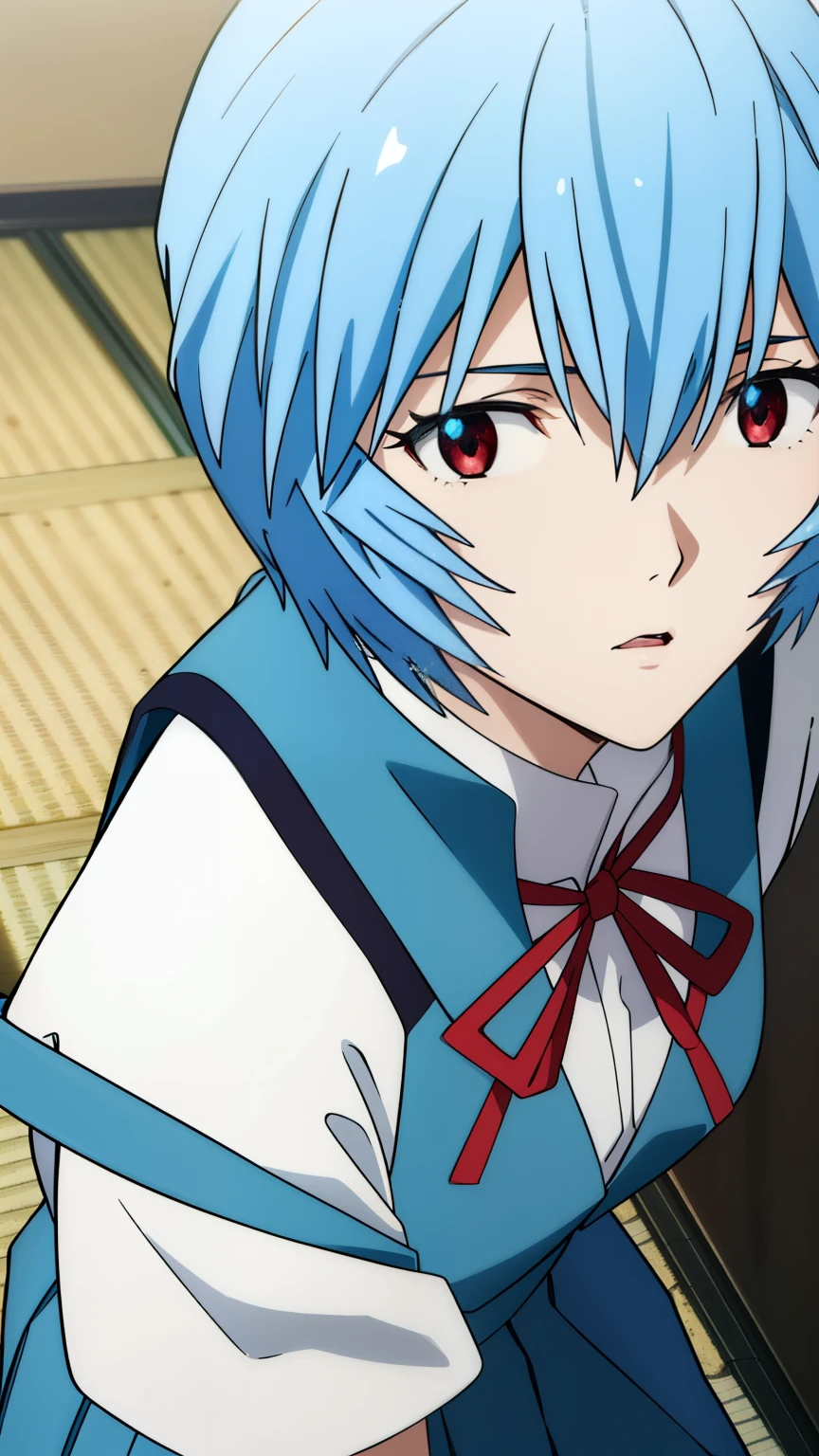 reiayanami, rei ayanami, (ayanami rei:1.2), blue hair, short hair, (red eyes:1.2),
BREAK (light blue skirt, light blue vest, vest, shirt, ribbon, uniform, white shirt, short sleeves, red ribbon, neck ribbon, (Tokyo Junior High School uniform: 1.5)), 
BREAK (masterpiece:1.2), best quality, high resolution, unity 8k wallpaper, (illustration:0.8), (beautiful detailed eyes:1.6), extremely detailed face, perfect lighting, extremely detailed CG, (perfect hands, perfect anatomy),cowboy Shot,