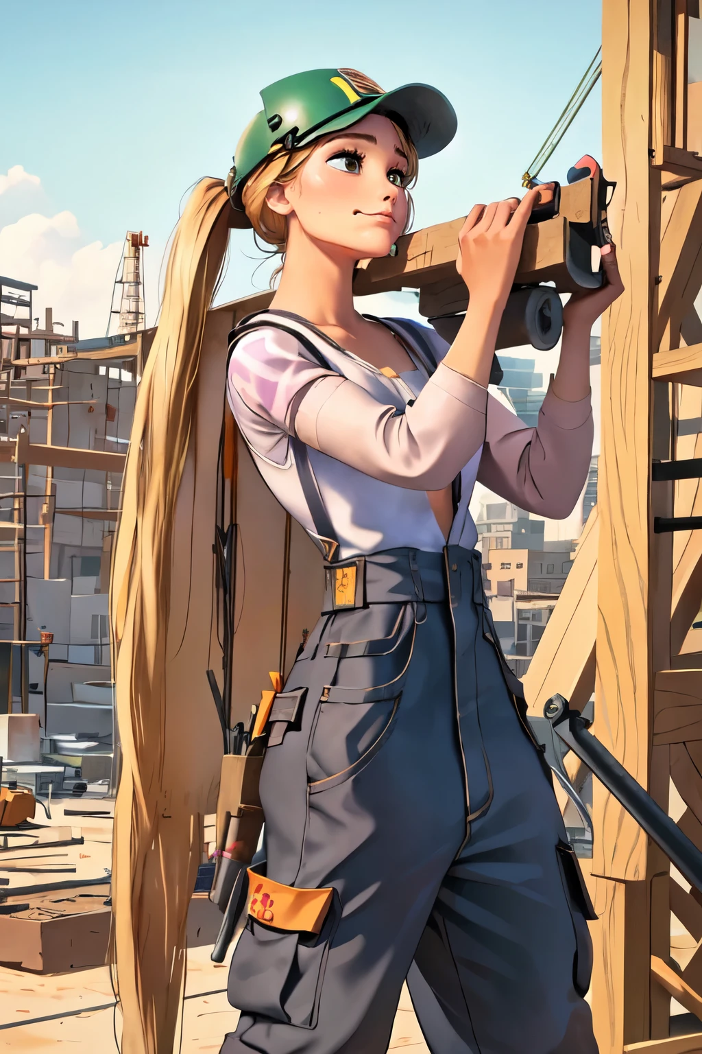 (masterpiece:1.2), (best quality), (ultra detailed), (8k, 4k, intricate),(highly detailed:1.2),(detailed face:1.2), (highly detailed background of construction site wth rebar and cranes),(portrait),detailed landscape,(action pose:1.2),rapunzel  1girl, solo, long hair, looking away from viewer, smile, blonde hair, long sleeves, dress, walking with urgency, side profile of entire body walking, side view of face, very long hair tied up, green eyes, carpenter, woodworker, construction worker, contractor 

Rapunzel portrayed as a construction worker, carrying a large long wooden beam on her shoulder, dressed in carpenters attire, baggy cargo overalls, suspenders, tools in pockets, safety goggles, work gloves, wearing a hardhat/safety helmet, durable work boots, knee pads, bandana, tattoos with floral and sun motifs visble, sweating from brow, determined smirk, holding woodworking tools, working on a construction site, tools and machinery are visble, curvy, beautiful 