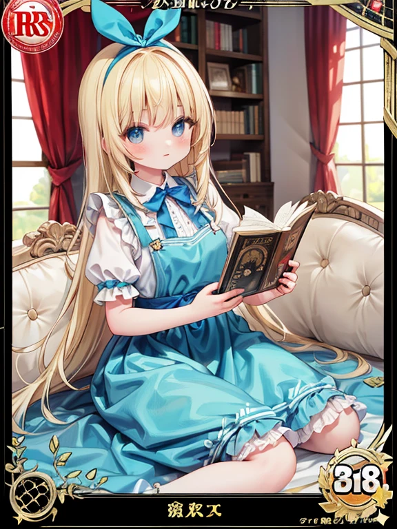 masterpiece, highest quality, Very detailed, 16k, Ultra-high resolution, Fantasy、((Alice in Wonderland))、1 female, 、blonde、Long Hair、Blue colored eyes、Blue Apron Dress、trump card'soldier、rabbit with a clock、Red Rose、White Rose、Stand in front of the house