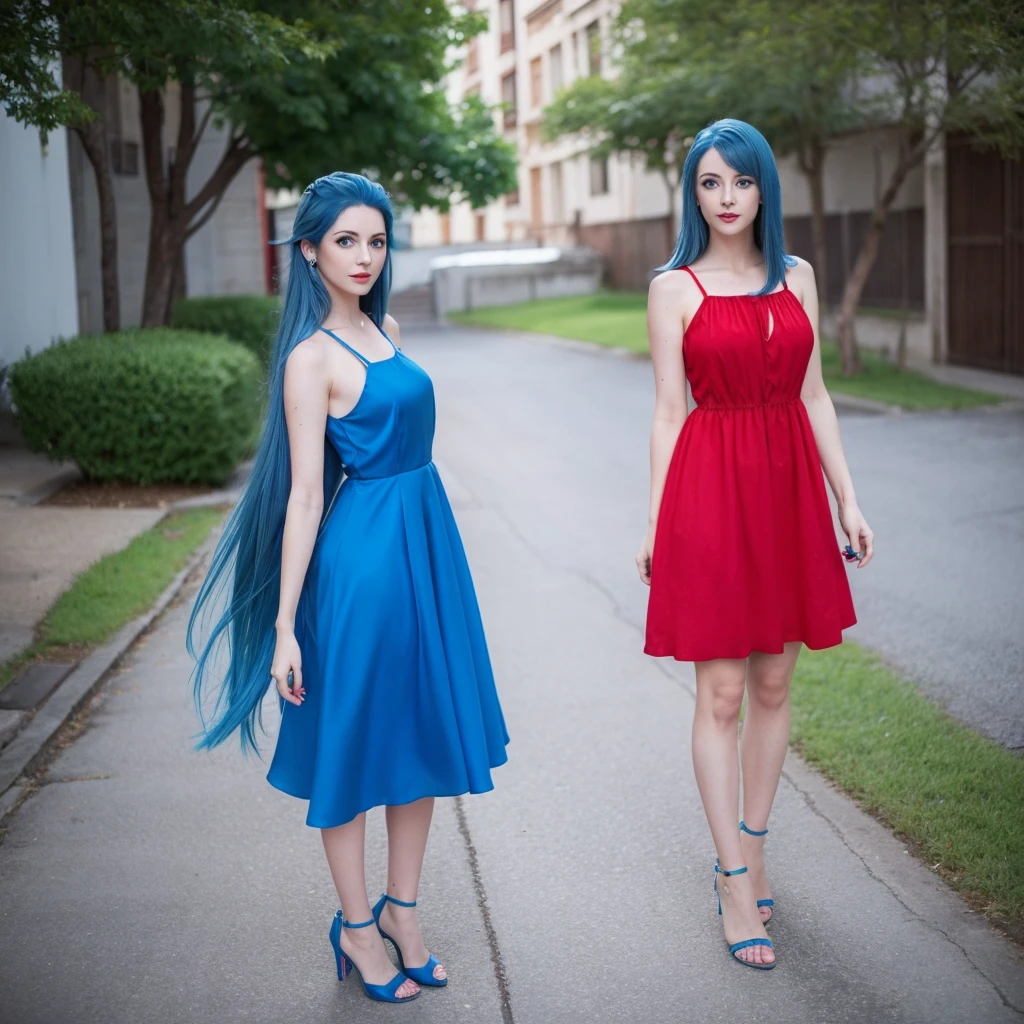 Nagiza 25:years blue hair red dress ,blue eyes, cabello largo vestido corto cuerpo entero