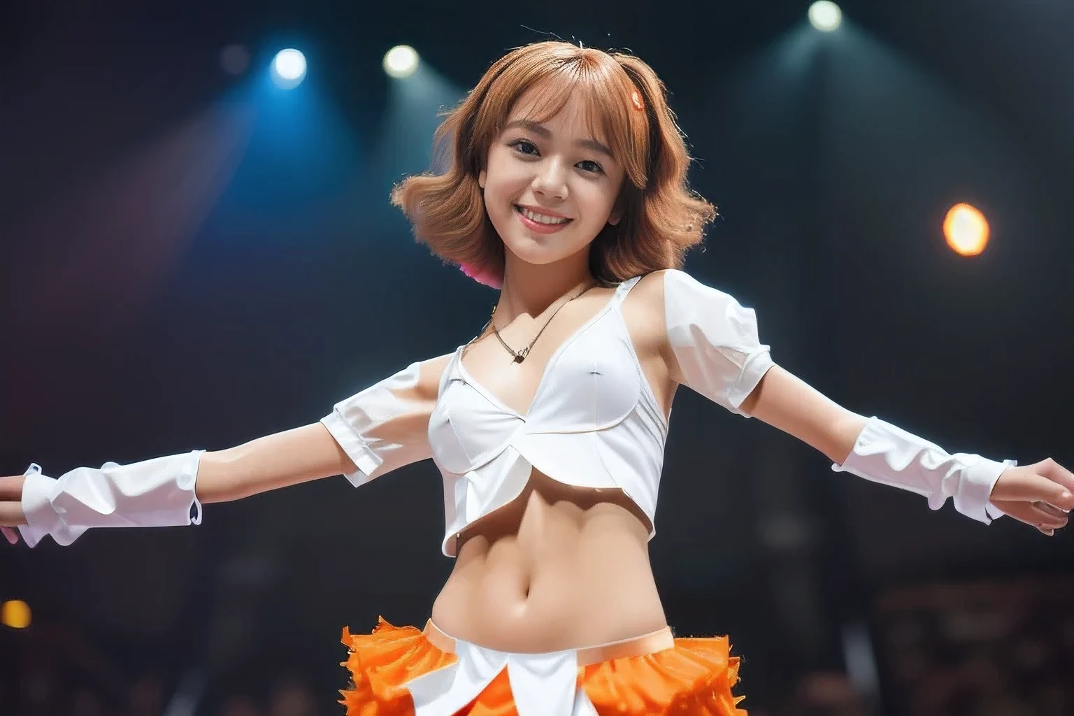 (An 18-year-old idol girl dancing on stage:1.5)、(Cute smile:1.2)、(The best quality at its best:1.4), (Super detailed), (Very detailed CG unified 16k), Beautiful woman with perfect figure: 1.4, Sharp focus: 1.2, Very detailed, High-quality RAW color photos, Professional photography, Great face and eyes, cosmetics, (Amazingly beautiful girl), ((Cute idol costumes:1.5)), Sexy posture，(View from below), Realistic movie faces, Full body long view from head to toe, Realistic, ((Realistic natural orange red hairstyle, Realistic blue eyes)), ( Short Bob Hair:1.5), (necklace:1.5)、, Very beautiful face, Perfect model beauty, Mouth swelling, Highly detailed face and skin texture, Fine grain, double eyelid, Medium chest, (masterpiece), highest quality, High resolution, Very detailed, Blurred Background, Depth of written boundary, Cinema Lighting, Great legs, , Clear, well-maintained skin,