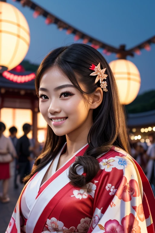 look at camera,(((top quality, 8k, masterpiece))), crisp focus, (beautiful girl with perfect muscular figure), vascular, (hairstyle: up)), ((kimono: Kara)), street: 1.2 Highly detailed face and skin texture Detailed eyes Double eyelids random posture, (smile),IFBB teen Female bodybuilder, super cute Japan girl,super beauty Japanese girl, realistic face, double eyelid,smile,summer festival , at sunset , beautiful tooth , fire-works back-ground.