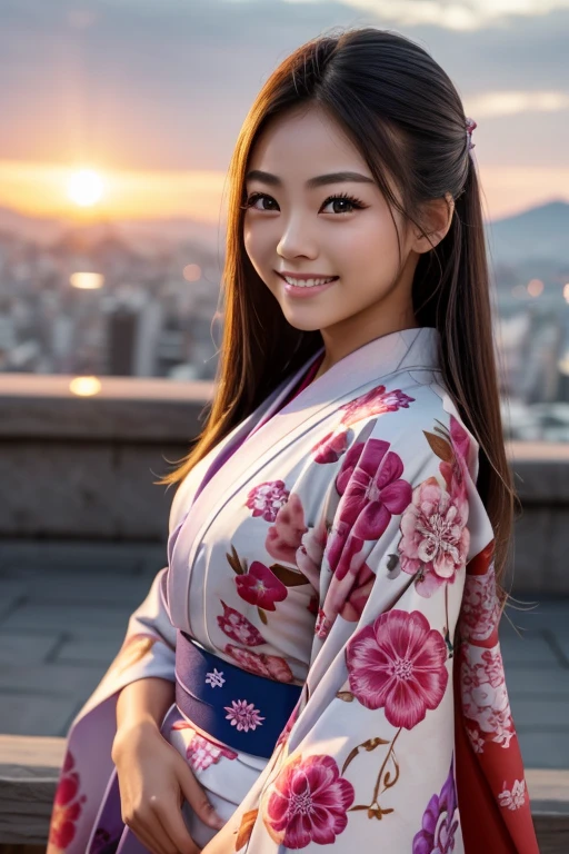 look at camera,(((top quality, 8k, masterpiece))), crisp focus, (beautiful girl with perfect muscular figure), vascular, (hairstyle: up)), ((kimono: Kara)), street: 1.2 Highly detailed face and skin texture Detailed eyes Double eyelids random posture, (smile),IFBB teen Female bodybuilder, super cute Japan girl,super beauty Japanese girl, realistic face, double eyelid,smile,summer festival , at sunset , beautiful tooth , fire-works back-ground.