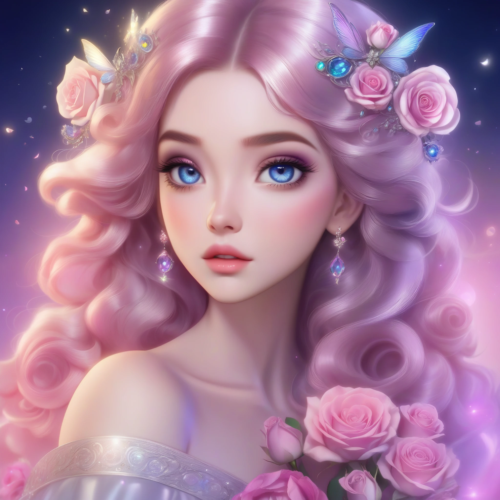 (This is a beautiful, soft, ethereal, and (romantic) fantasy image with a persistent pink aura, fairytale fantasy elements, and a lovely color palette.) Generate a beautiful  fairy woman with beautiful puffy lips and beautiful detailed eyes. Her glossy curled hair is realistically detailed and her (ringed eyes) are interesting and colorful. Surround her with eternal roses in shimmering shades of pink and purple. Ensure perfection in her face, hair, and eyes. Include luminous flowers and detailed roses. Utilize dynamic composition and dramatic lighting and cinematic lighting to create an interesting fantasy image. The background of the image is interesting and ultra-detailed, with soft fantasy lighting and gradients. English rose, princess, sweet, lovely, shimmering, glimmering, glittering, astrological fantasy, (((masterpiece))), (highest quality), beautiful eyes, perfect puffy lips, jewel tones, luminosity.  8k, Unreal Engine 5, octane render, trending on pixiv, fanbox, skeb, masterpiece, detailed face, smooth soft skin, big dreamy eyes, beautiful intricate colored hair, anime wide eyes, soft lighting, concept art, digital painting,