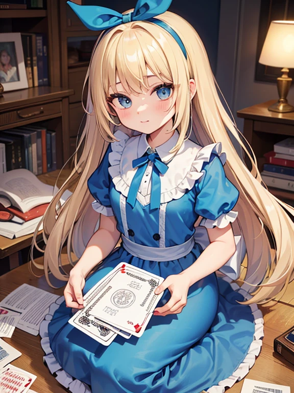 masterpiece, highest quality, Very detailed, 16k, Ultra-high resolution, Fantasy、((Alice in Wonderland))、1 female, 12 years old、blonde、Long Hair、Blue colored eyes、Blue Apron Dress、trump card'soldier、rabbit with a clock、Red Rose、White Rose、Stand in front of the house