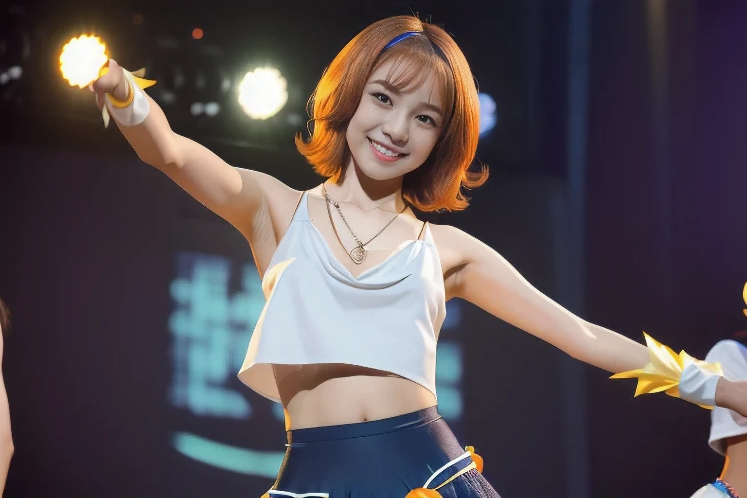 (An 18-year-old idol girl dancing on stage:1.5)、(Cute smile:1.2)、(The best quality at its best:1.4), (Super detailed), (Very detailed CG unified 16k), Beautiful woman with perfect figure: 1.4, Sharp focus: 1.2, Very detailed, High-quality RAW color photos, Professional photography, Great face and eyes, cosmetics, (Amazingly beautiful girl), ((Cute idol costumes:1.5)), Sexy posture,(View from below), Realistic movie faces, Full body long view from head to toe, Realistic, ((Realistic natural orange red hairstyle, Realistic blue eyes)), ( Short Bob Hair:1.5), (necklace:1.5)、, Very beautiful face, Perfect model beauty, Mouth swelling, Highly detailed face and skin texture, Fine grain, double eyelid, Medium chest, (masterpiece), highest quality, High resolution, Very detailed, Blurred Background, Depth of written boundary, Cinema Lighting, Great legs, , Clear, well-maintained skin,