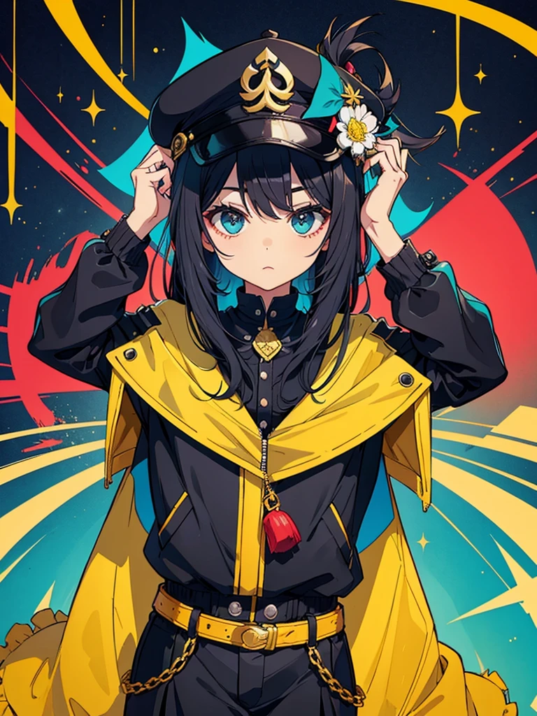 Satu karater wanita, topi, jacket, rambut panjang warna hitam, latar belakang putih