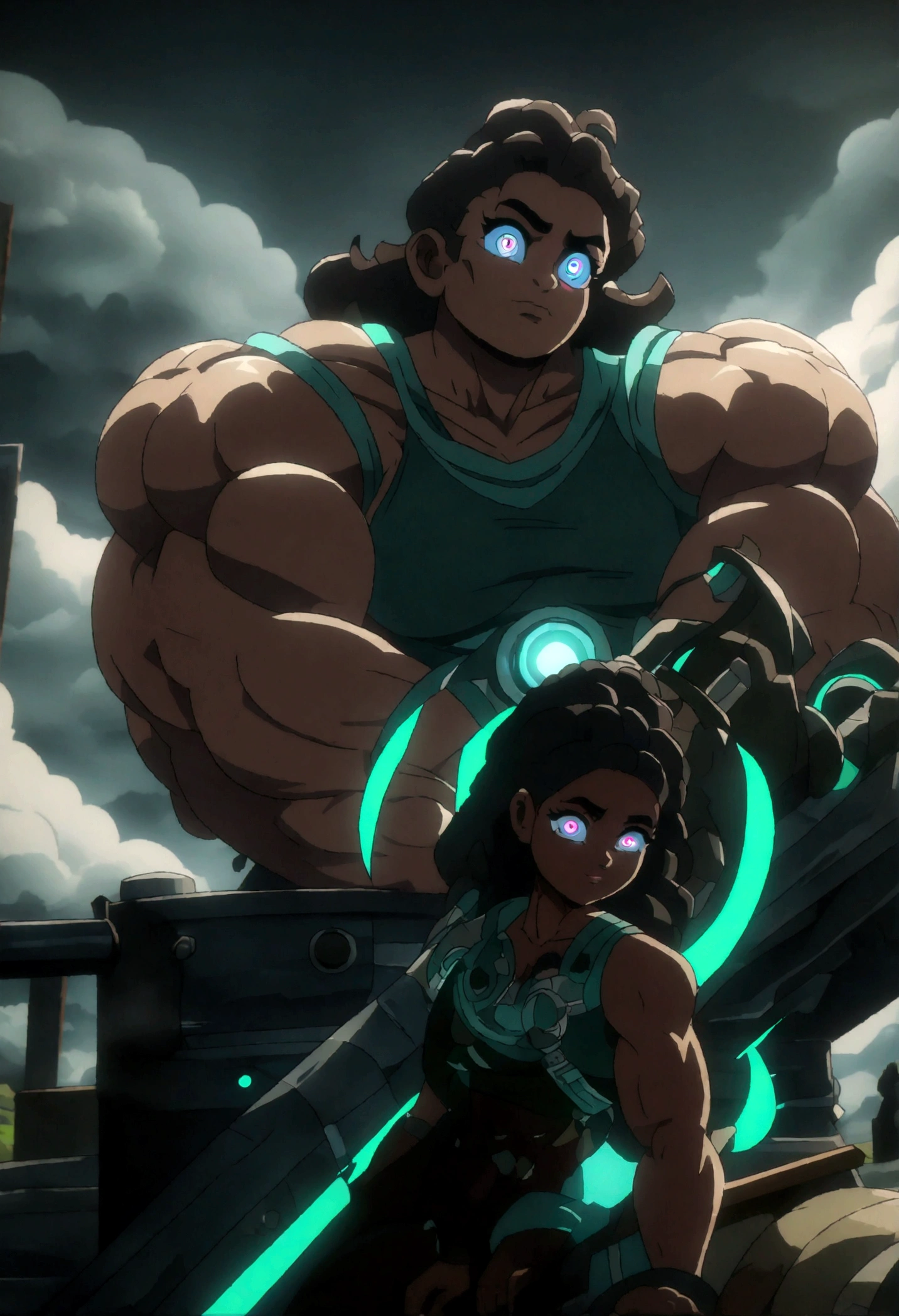 A adult muscular black woman leaning on a cannon, anime style, (best quality,4k,8k,highres,masterpiece:1.2),ultra-detailed,beautiful detailed eyes,extremely detailed eyes and face,longeyelashes,powerful posture,vibrant colors,dramatic lighting