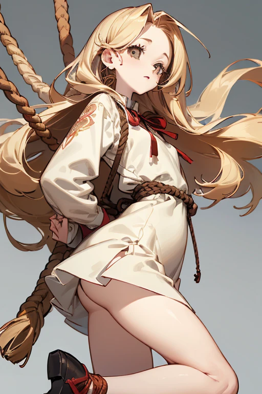 ((, Masterpiece: 1.5, best quality, high resolution: 1.3, super resolution, super detailed, ultra detailed: 1.3, Perfect Anatomy: 1.5, 1 woman) pale skin + fress blonde long hair + brown eyes + long eyelashes + figure feminine + ball doll features (simple dress with low back, ribbons on her legs, voice box rope) ((adorable open eyes, cute confused expression))