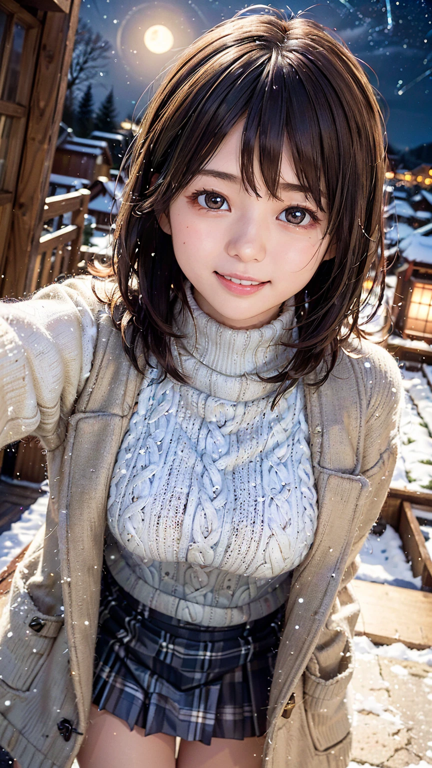 8K quality,(super masterpiece:1.3),highest quality,Detailed Images,The real picture,Natural lighting,symmetrical beauty,1 female,Japanese,20-year-old,Medium Hair,Curly Hair,(very cute:1.3),Thick eyebrows,(Double:1.2),(Realistic eyes:1.1),clothing(Duffle coat,Turtleneck sweater,skirt,stockings),(The background is a night view,winter,snow,full moon,Starry Sky),(Face directly towards the camera,Looking directly at the viewer,looking at the camera,The body faces the viewer,The body is facing the direction of the camera,Face looking straight into the camera).