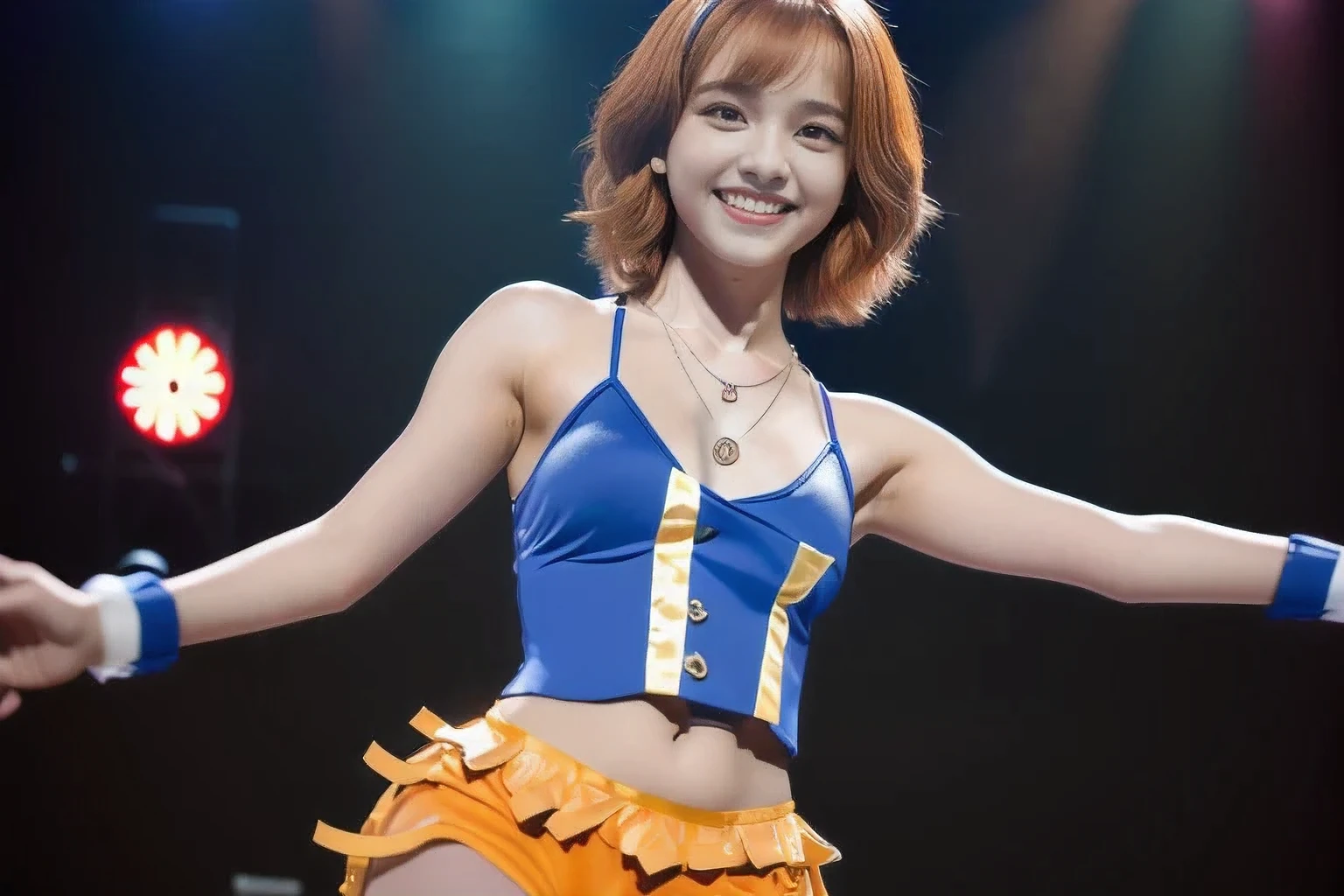 (An 18-year-old idol girl dancing on stage:1.5)、(Cute smile:1.2)、(The best quality at its best:1.4), (Super detailed), (Very detailed CG unified 16k), Beautiful woman with perfect figure: 1.4, Sharp focus: 1.2, Very detailed, High-quality RAW color photos, Professional photography, Great face and eyes, cosmetics, (Amazingly beautiful girl), ((Cute idol costumes:1.5)), Sexy posture,(View from below), Realistic movie faces, Full body long view from head to toe, Realistic, ((Realistic natural orange red hairstyle, Realistic blue eyes)), ( Short Bob Hair:1.5), (necklace:1.5)、, Very beautiful face, Perfect model beauty, Mouth swelling, Highly detailed face and skin texture, Fine grain, double eyelid, Medium chest, (masterpiece), highest quality, High resolution, Very detailed, Blurred Background, Depth of written boundary, Cinema Lighting, Great legs, , Clear, well-maintained skin,