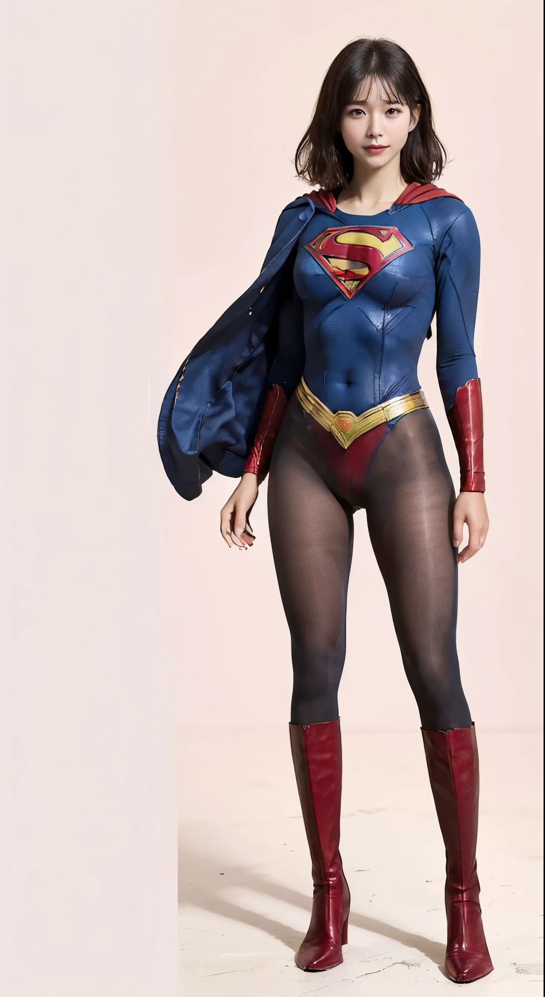 No background、(((Beautiful legs in black tights.)))、(((Legally express the beauty of your smile)))、((((Make the most of your original images)))、(((Supergirl Costume)))、(((Beautiful short bob hair)))、(((suffering)))、(((Please wear black tights....、Wear red boots)))、((Best image quality、8k))、((highest quality、8k、masterpiece:1.3))、(((Preserve background )))、Sharp focus:1.2、Beautiful woman with perfect figure:1.4、Slim Abs:1.2、Wet body:1.5、Highly detailed face and skin texture、8k