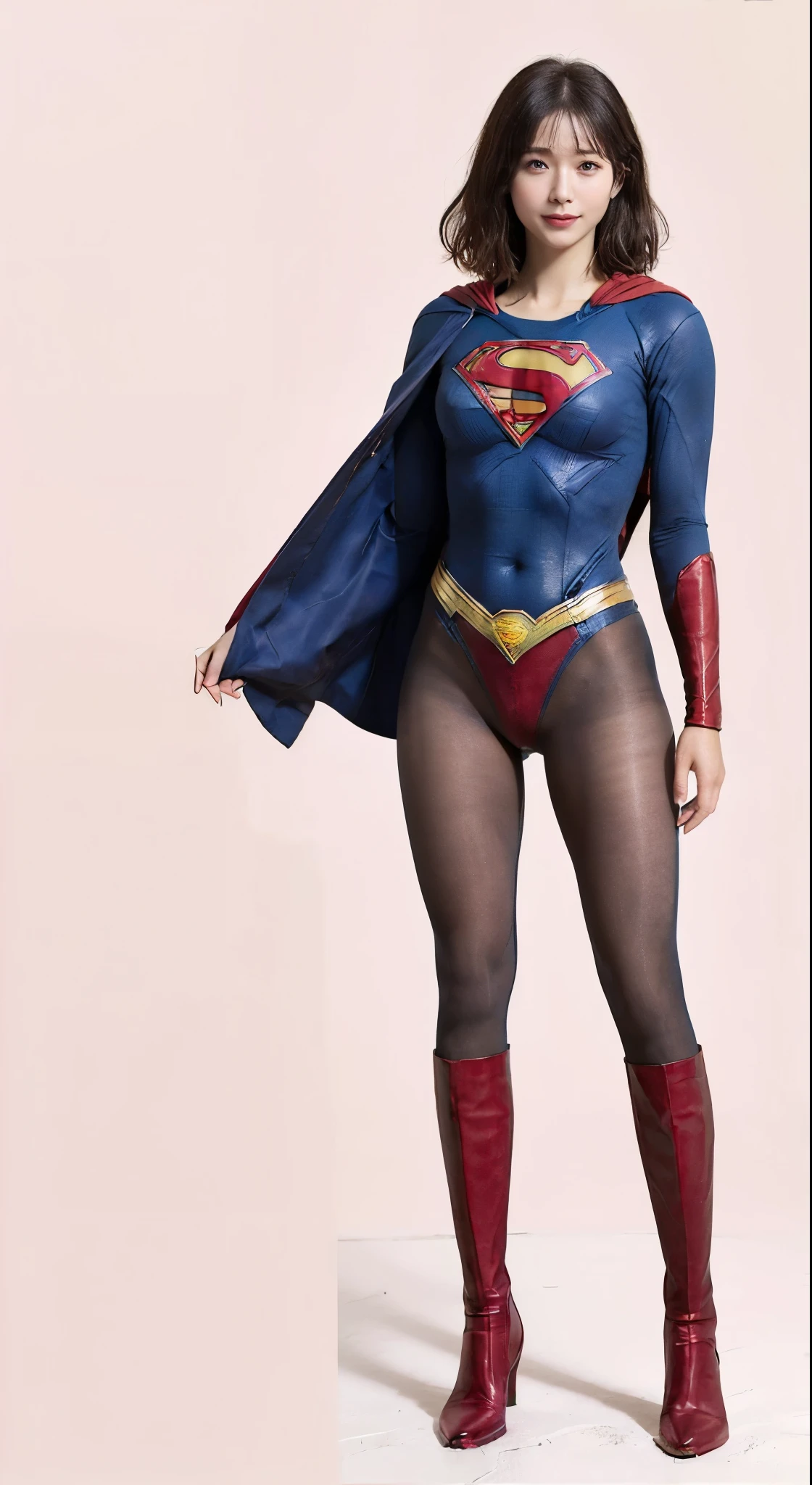 No background、(((Beautiful legs in black tights.)))、(((Legally express the beauty of your smile)))、((((Make the most of your original images)))、(((Supergirl Costume)))、(((Beautiful short bob hair)))、(((suffering)))、(((Please wear black tights....、Wear red boots)))、((Best image quality、8k))、((highest quality、8k、masterpiece:1.3))、(((Preserve background )))、Sharp focus:1.2、Beautiful woman with perfect figure:1.4、Slim Abs:1.2、Wet body:1.5、Highly detailed face and skin texture、8k