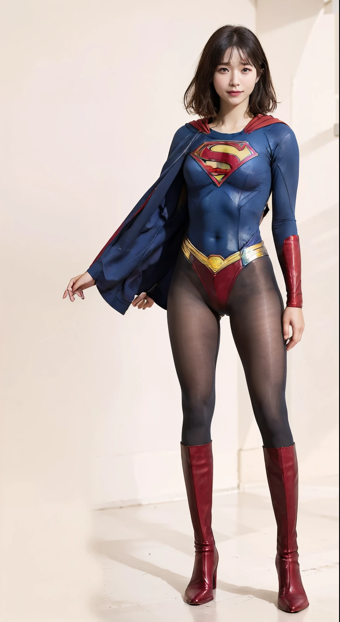 No background、(((Beautiful legs in black tights.)))、(((Legally express the beauty of your smile)))、((((Make the most of your original images)))、(((Supergirl Costume)))、(((Beautiful short bob hair)))、(((suffering)))、(((Please wear black tights....、Wear red boots)))、((Best image quality、8k))、((highest quality、8k、masterpiece:1.3))、(((Preserve background )))、Sharp focus:1.2、Beautiful woman with perfect figure:1.4、Slim Abs:1.2、Wet body:1.5、Highly detailed face and skin texture、8k