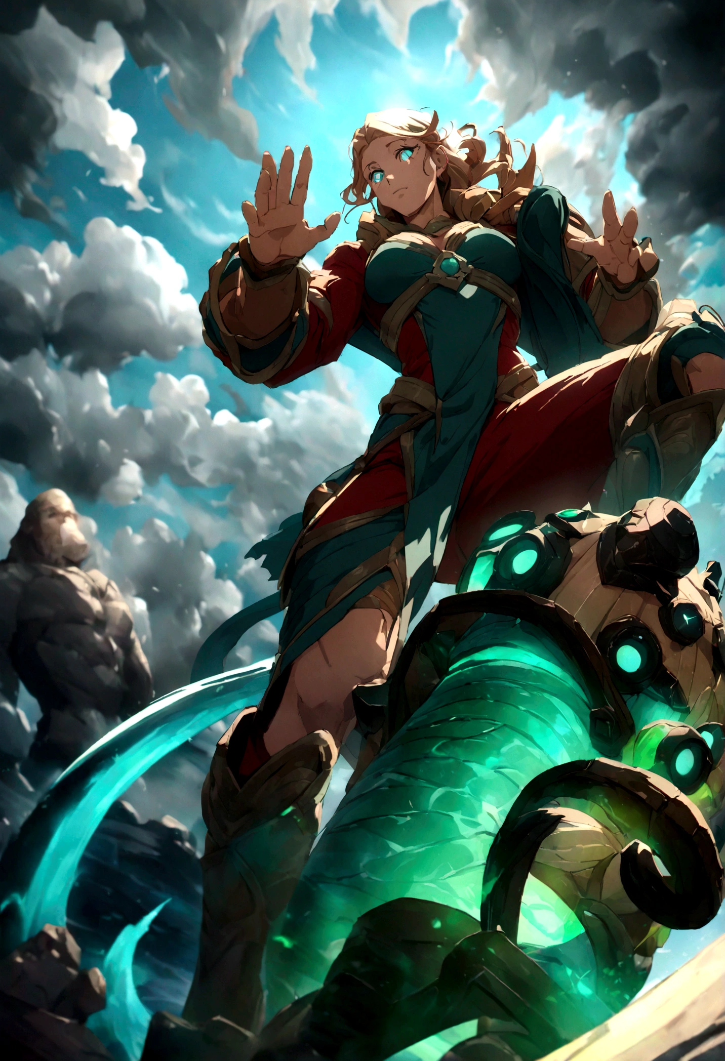 A adult muscular black woman leaning on a cannon with an blue sky at the background, anime style, (best quality,4k,8k,highres,masterpiece:1.2),ultra-detailed,beautiful detailed eyes,extremely detailed eyes and face,longeyelashes,powerful posture,vibrant colors,dramatic lighting