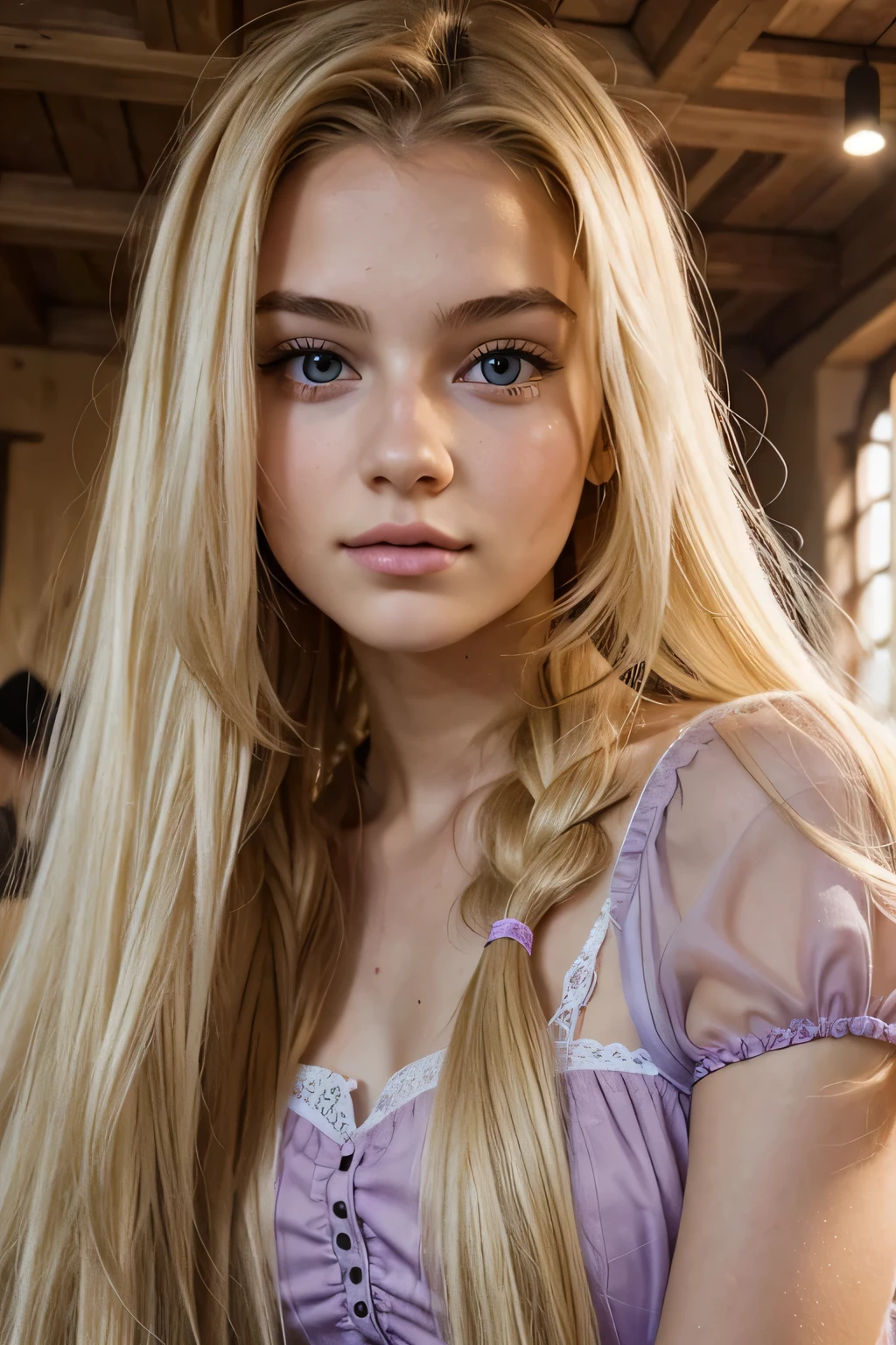 18 year old girl looks like rapunzel, , blonde haare, face facing camera