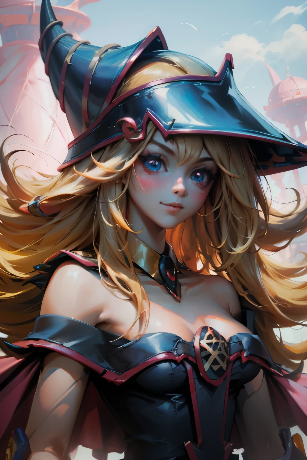 Hermoso rostro de dark magician gils, ojos azules. Labios rosados. Cabello rubio y largo. Ombros descubiertos, sonrisa angelical, hermoso rostro bien detallados de dark magician gils. Ropas transparentes. You can see her nipples through her clothes