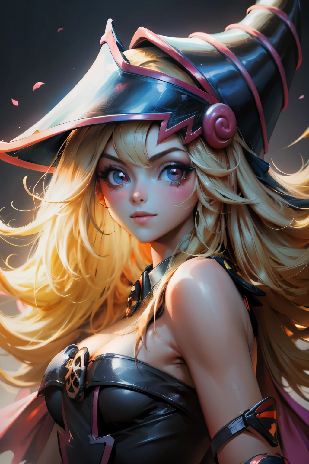 Hermoso rostro de dark magician gils, ojos azules. Labios rosados. Cabello rubio y largo. Ombros descubiertos, sonrisa angelical, hermoso rostro bien detallados de dark magician gils. Ropas transparentes. You can see her nipples through her clothes