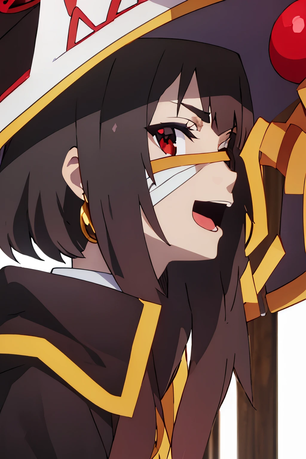 Megumin (Konosuba),red eyes,Dark background, strong shadow, strong strong contrast, hoodie ,dark,sad,empty eyes,weird, , looking at viewer, smile, open mouth, from side, mask , bandaid, simple background, watch, mouth mask, wristwatch, stud earrings, halftone, mask pull, jirai kei,dark,sad,empty eyes,weird ,vampire.