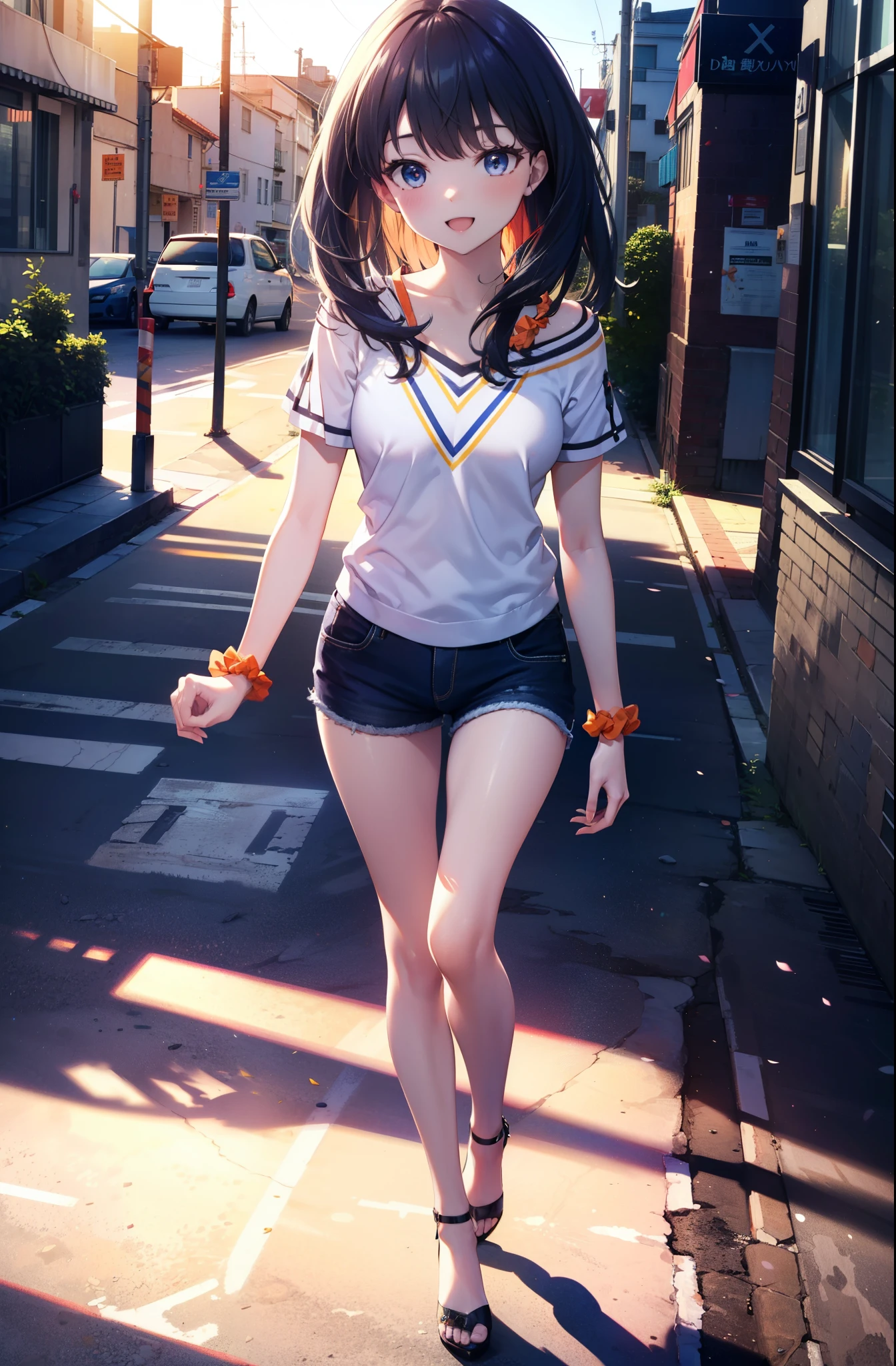 Rikka body, rikka takarada, Black Hair, blue eyes, Long Hair, orange Scrunchie, Scrunchie, wrist Scrunchie,happy smile, smile, Open your mouth,Cold shoulder tops,Short sleeve,Shorts,Stiletto heels,Walking,morning,morning陽,The sun is rising,So that the whole body goes into the illustration,Looking down from above,
Destroy outdoors, In town,Building district,
壊す looking at viewer, Systemic
break (masterpiece:1.2), highest quality, High resolution, unity 8k wallpaper, (figure:0.8), (Beautiful fine details:1.6), Highly detailed face, Perfect lighting, Highly detailed CG, (Perfect hands, Perfect Anatomy),