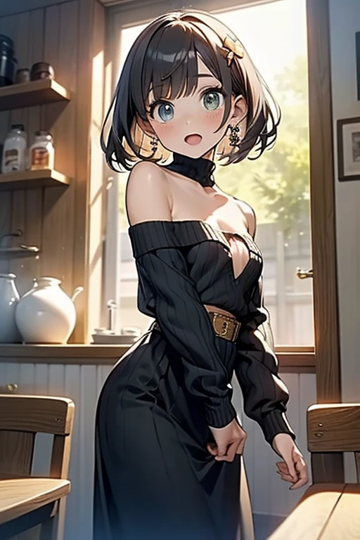 (small breasts:1.2), (perky chest:1.1), (pointed chest:1.0), (hand gun magazine cover:1.3)，(from below:1.2),(from side:0.9),masterpiece, 1girl, Amazing Cleavage:1.1, thin waist, big ass, Raised sexy, small breast: 1.2, posed cleavage:1.2、solo, open mouth, have a cute grass of cute beergrass,black hair, dark green eyes, dress, bare shoulders, jewelry, collarbone, sidelocks, hairband, earrings, indoors, off shoulder, sweater, arms behind back, plant, short hair with long locks, gild hairband, sweater dress:1.2, off-shoulder sweater, red sweater, dark gord hair, big side hair, very long side hair,is rendered in (masterpiece: 1.2, best quality), with (ultra high resolution) and an exquisite (depth of field). This masterpiece is not only visually stunning but also tells,A scene of cooking in the kitchen by classroom ,looking at viewer,
