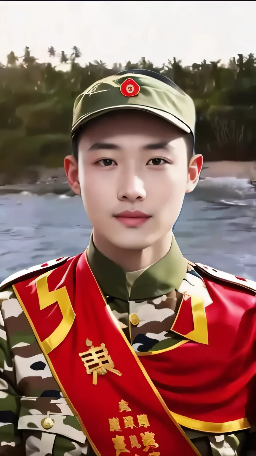 Close-up of a man in military uniform standing by the river, cai xukun, yanjun chengt, Inspired by Bian Shoumin, Memes, nanquan, Inspired by Kim Whan-ki, sha xi, Inspired by Song Maojin, dragon, kanliu666, perfect military composure, inspired by Wuzhun Shifan